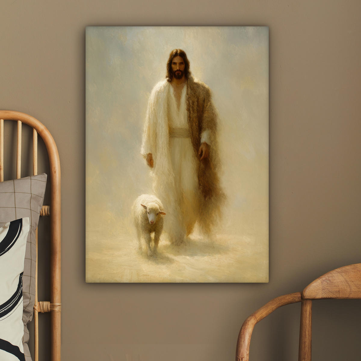 LEINWANDBILD Schaf - Jesus - Pinselstriche - Abstrakt Wandbild Wohnzimmer 60x80 cm - Sandfarben, Textil (60/80cm) - MuchoWow
