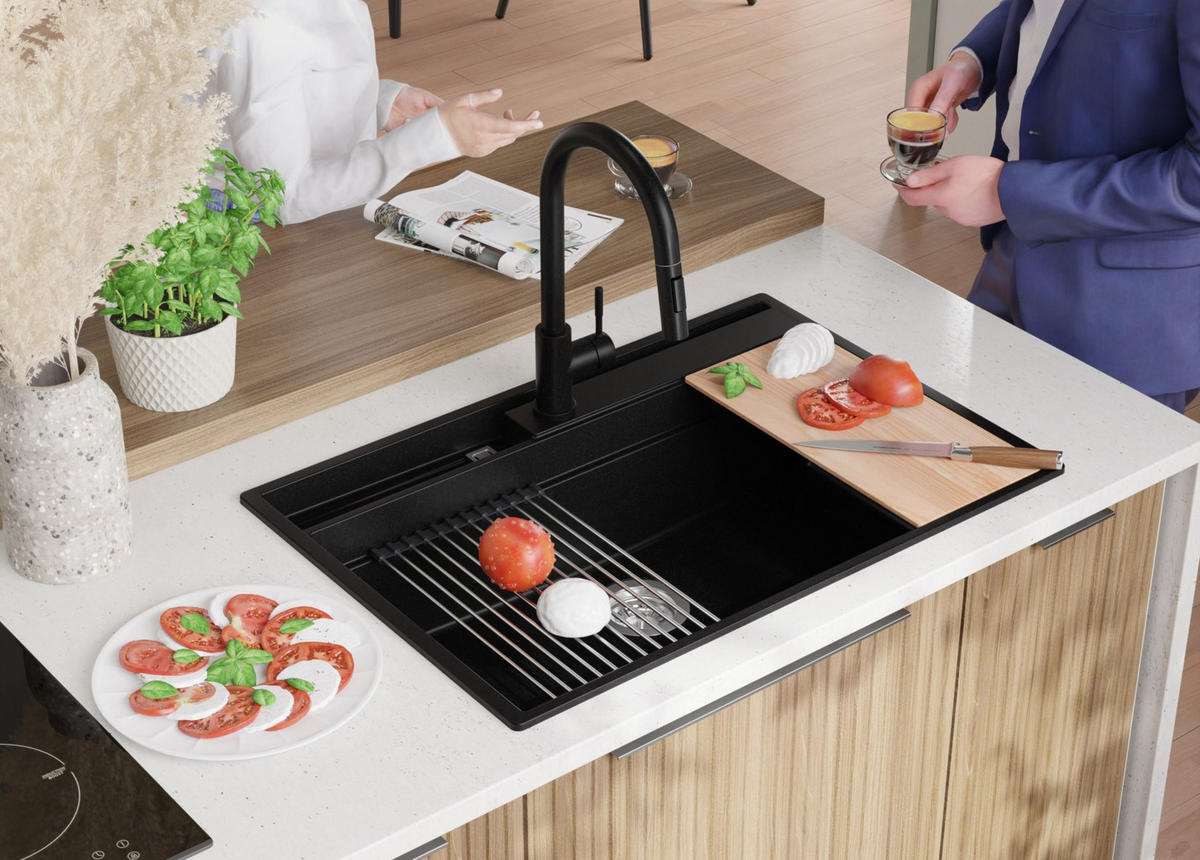 GRANITSPÜLE Oslo Pocket, 2-er set Schwarz 78/53 cm 1 Becken + Küchenarmatur 32/20 cm + Ablauf-Set + Küchenzubehörset ab 80er Unterschrank - Chromfarben/Beige, Kunststoff (78/20/53cm) - Primagran