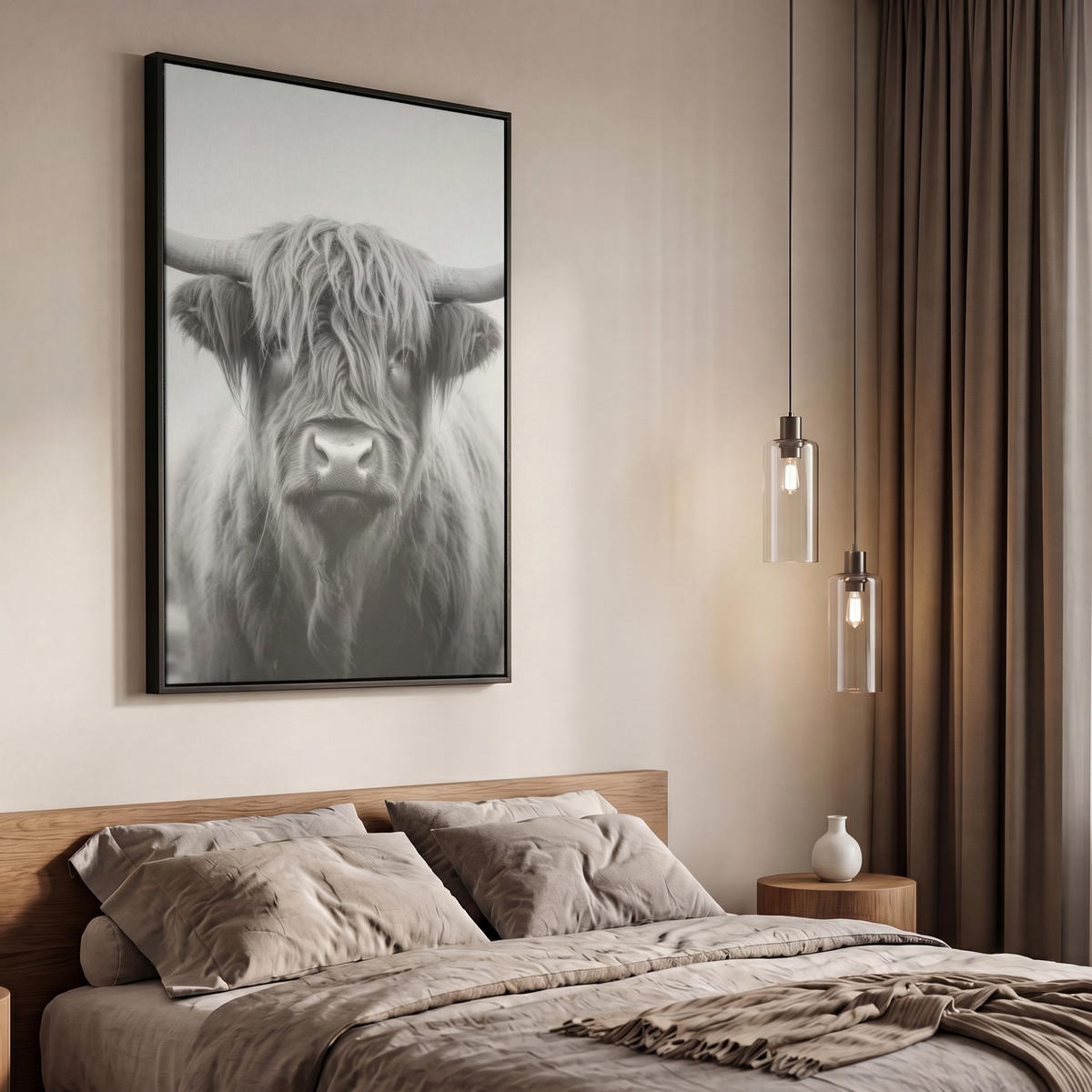 LEINWAND Bilder mit Rahmen - Schottischer Highlander - Nebel - Schwarz - Weiß - 60x90 - Grau, Textil (60/90cm) - MuchoWow