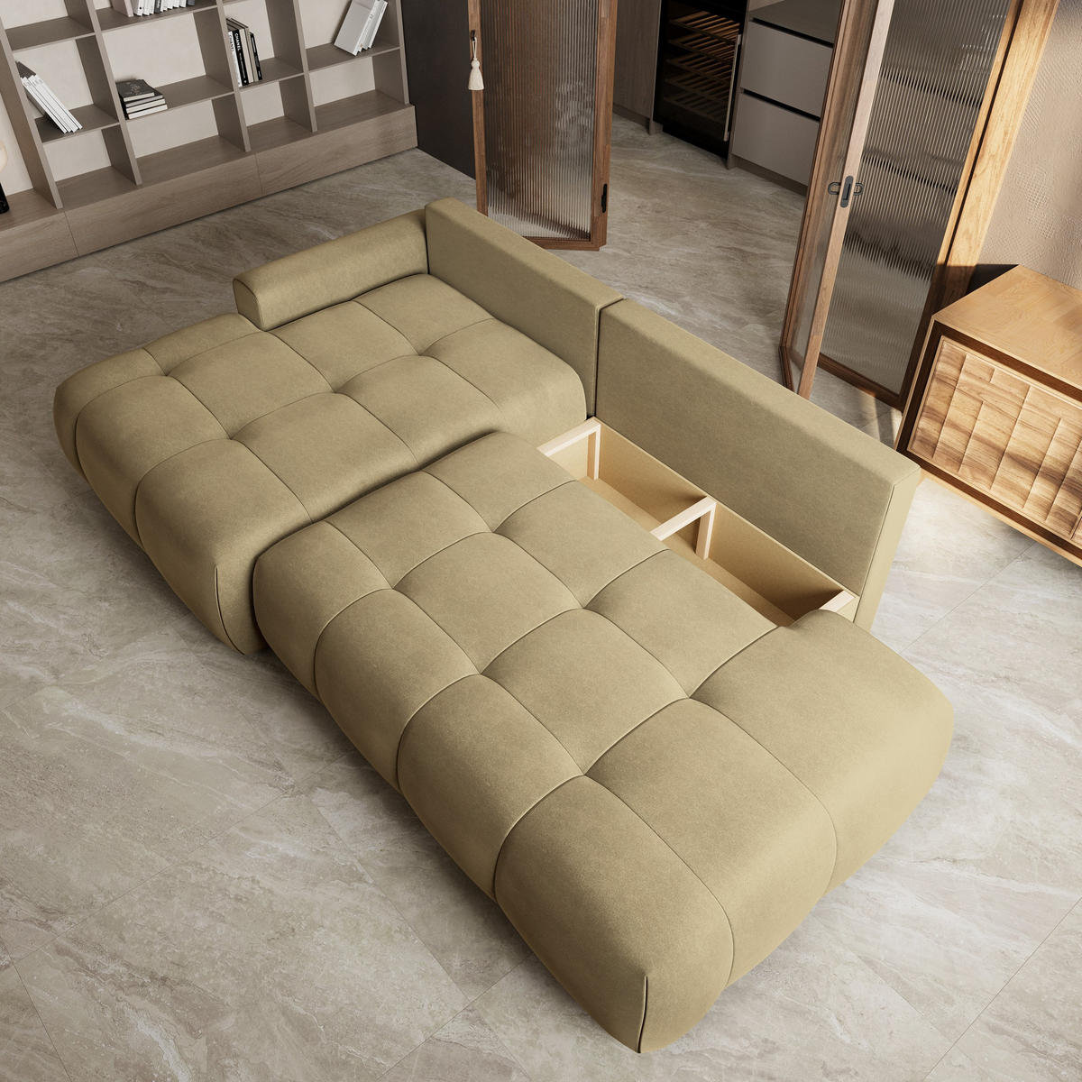 ECKSOFA FLUMA CL L-S Senfgelb Samtstoff mit Schlaffunktion - Currygelb, Holzwerkstoff/Textil (279/158cm) - MASSENO