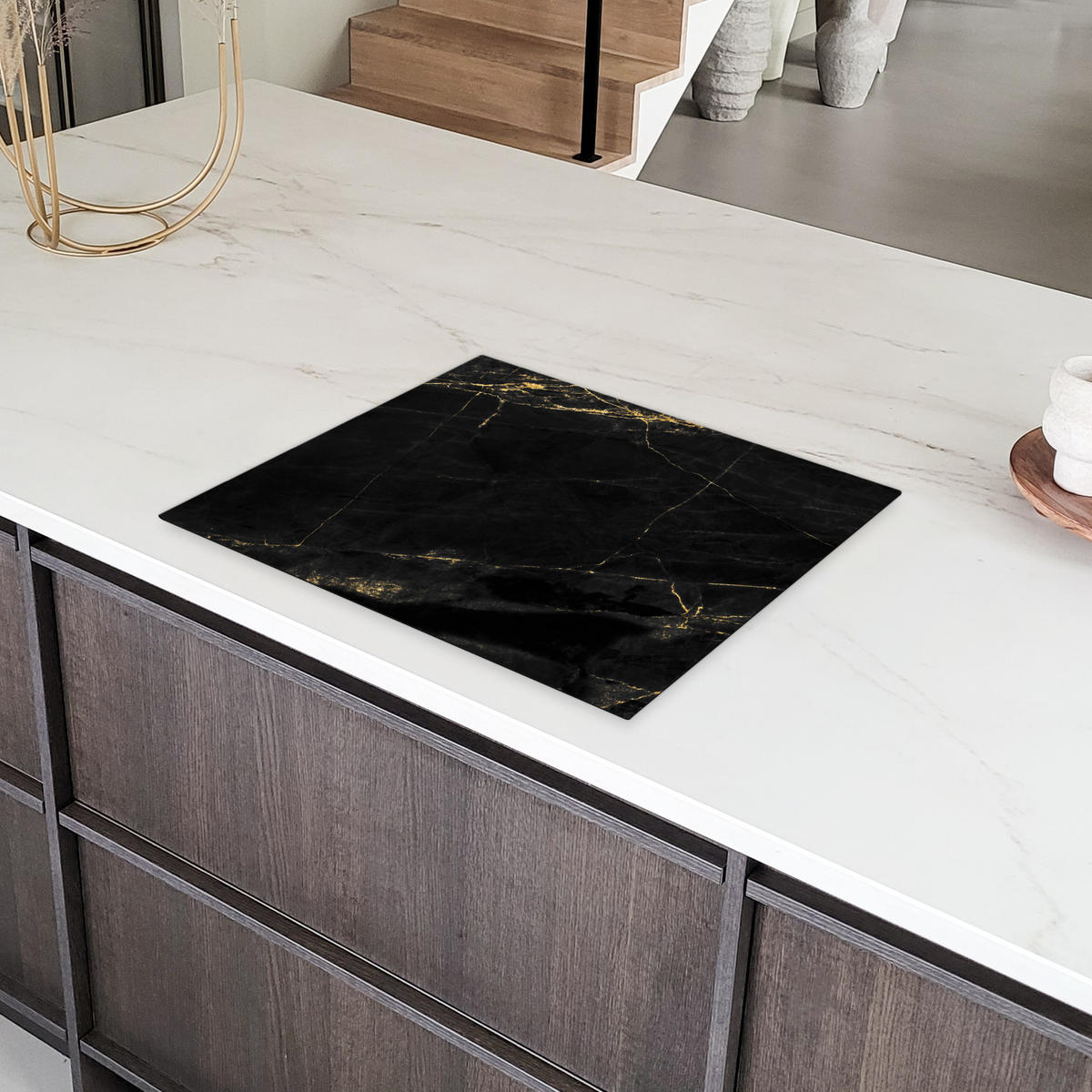 HERDABDECKPLATTE Marmor - Schwarz - Gold - Chic - Marmoroptik - Design Herdabdeckung Induktionsfeld 65x52 cm - Schwarz, Kunststoff (65/52/0.2cm) - MuchoWow