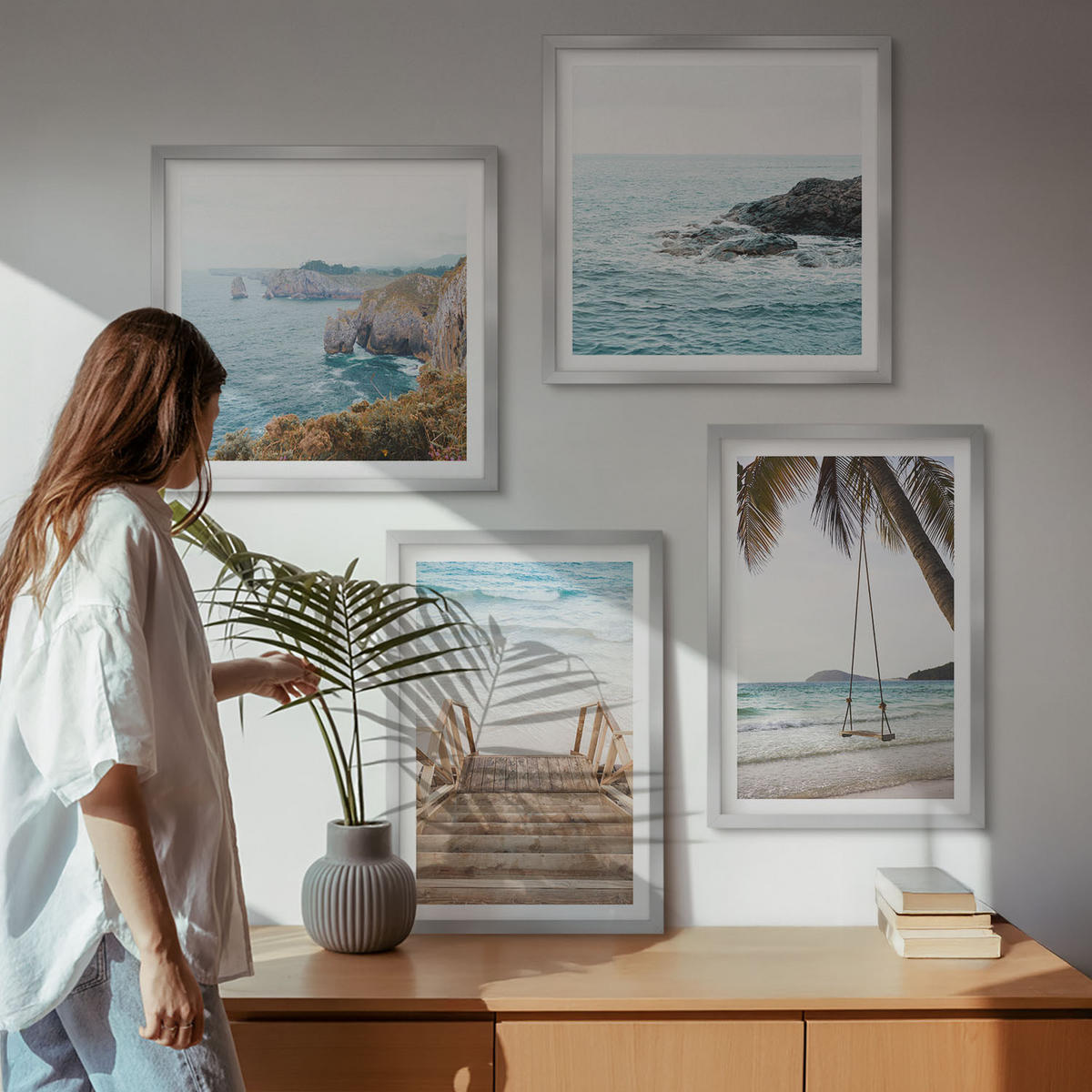 BILDER SET 4er Set - 50x50 cm & 40x60 cm Silberner Rahmen - Treppe, Strand, Meerblick, Schaukel - Silberfarben, Kunststoff (50/50cm) - TULUP