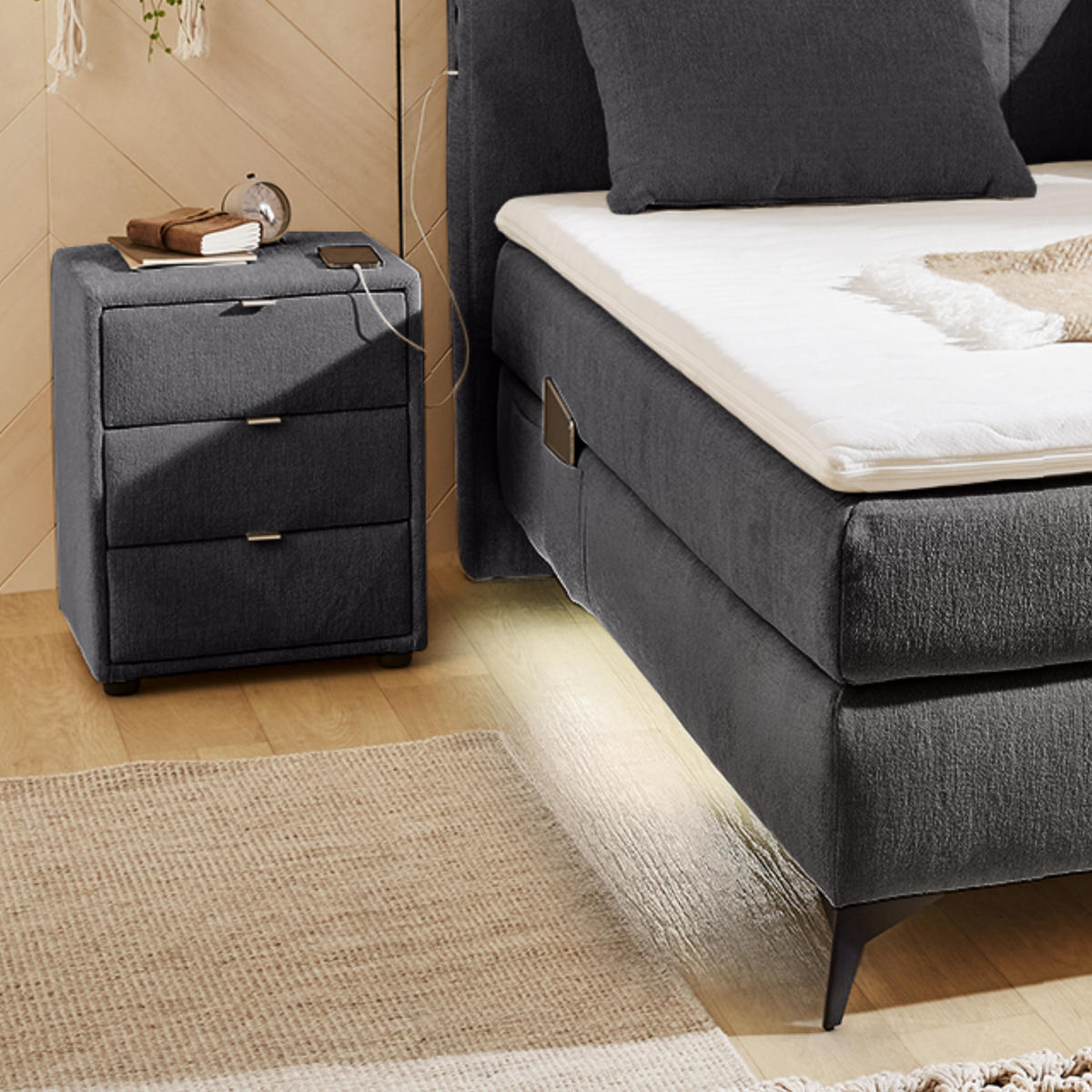 BOXSPRINGBETT 160/200 cm, 7-Zonen-Tonnentaschen-Federkernmatratzen H3, Topper, Bonell-Federkern, Beleuchtung,USB-Ladeports, Chenille Dunkelgrau /20042 - Dunkelgrau/Schwarz, Textil/Metall (160/200cm) - luma-home