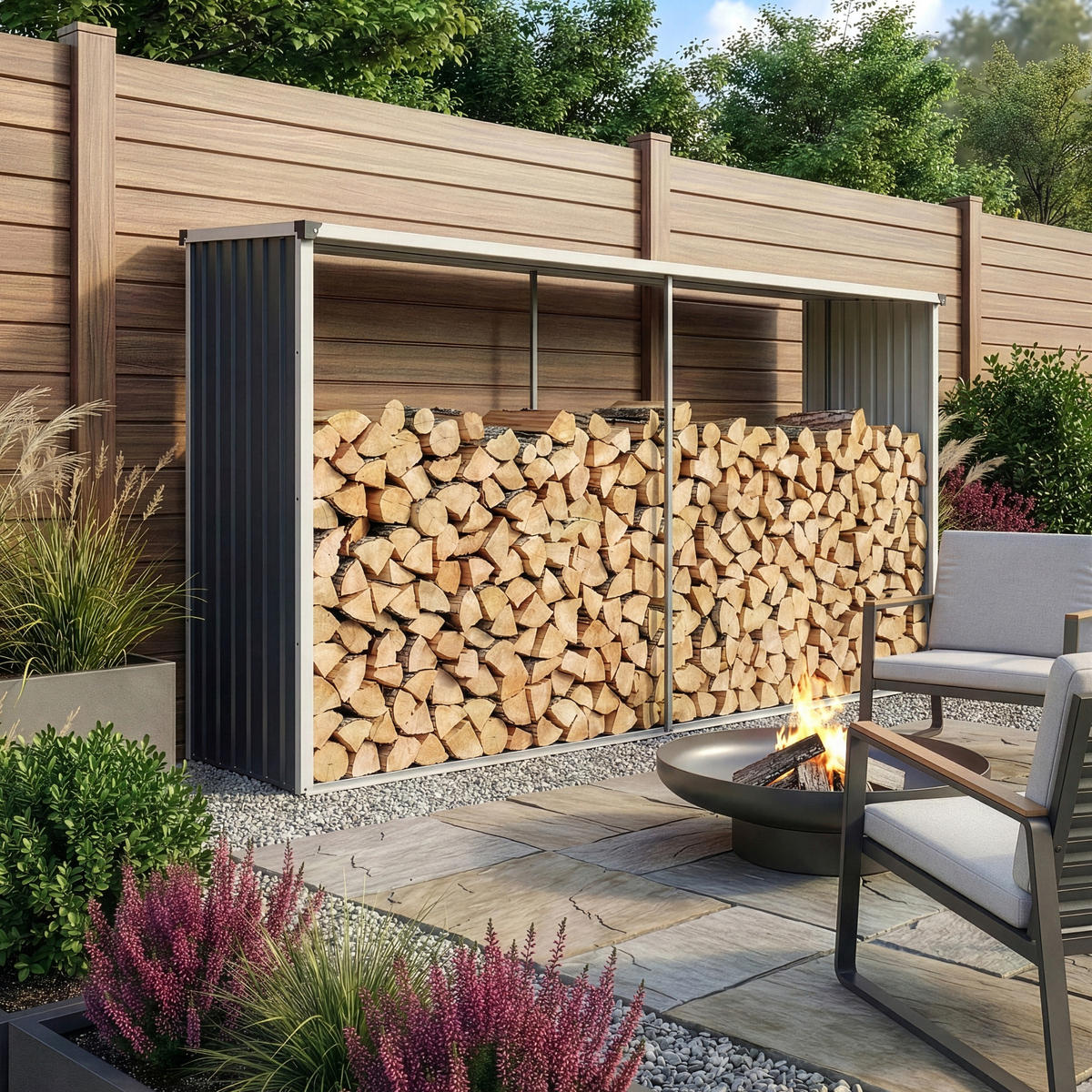 BRENNHOLZUNTERSTAND Kalmar - Anthrazit, Metall (352/152/80cm) - casa.pro