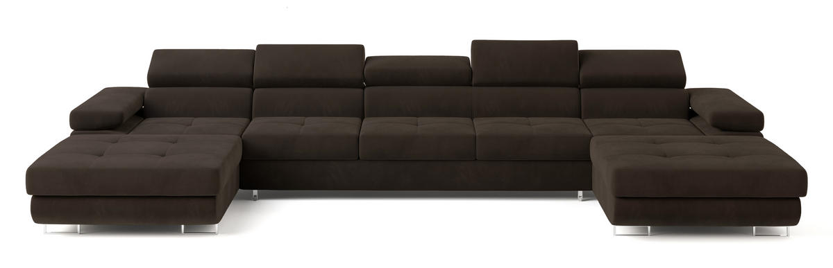 WOHNLANDSCHAFT OMBRA Braun Velours-Stoff mit Schlaffunktion - Braun, Holz (425/90/202cm) - MASSENO