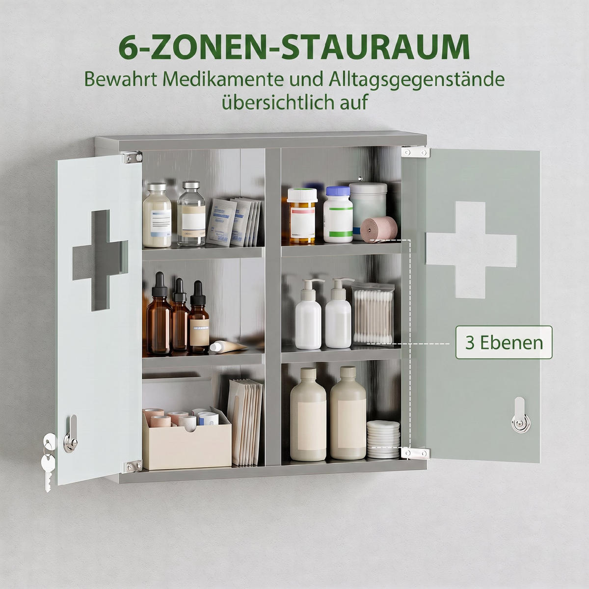 MEDIZINSCHRANK Edelstahl 430 gehärtetes Glas Silber - Silberfarben, Metall (46/48/12cm) - HOMCOM