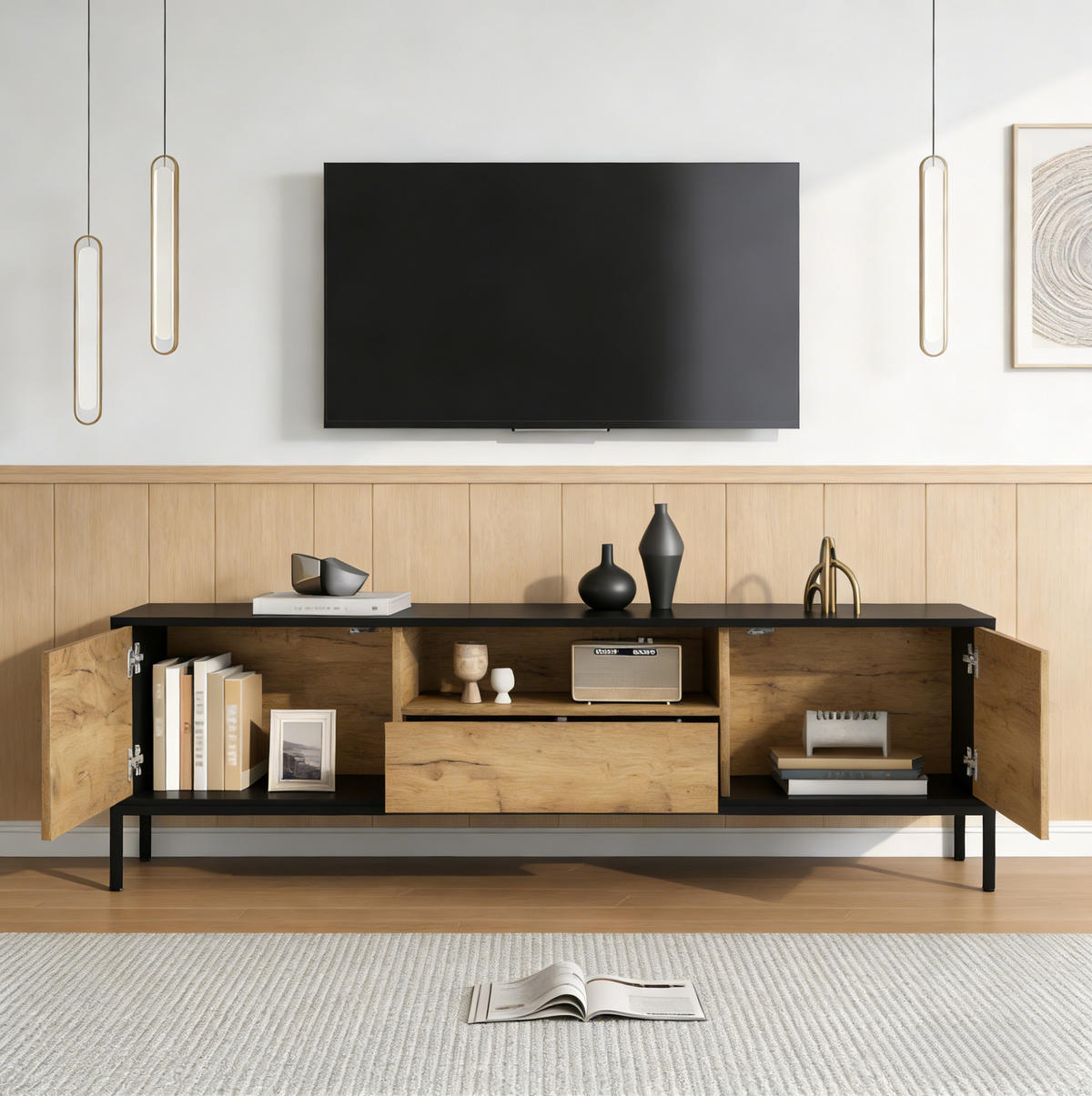 TV-LOWBOARD 170/35/50 cm Eiche Schwarz aus Spanplatte mit Stauraum - Eichefarben, Holzwerkstoff (35/50/170cm) - OKWISH
