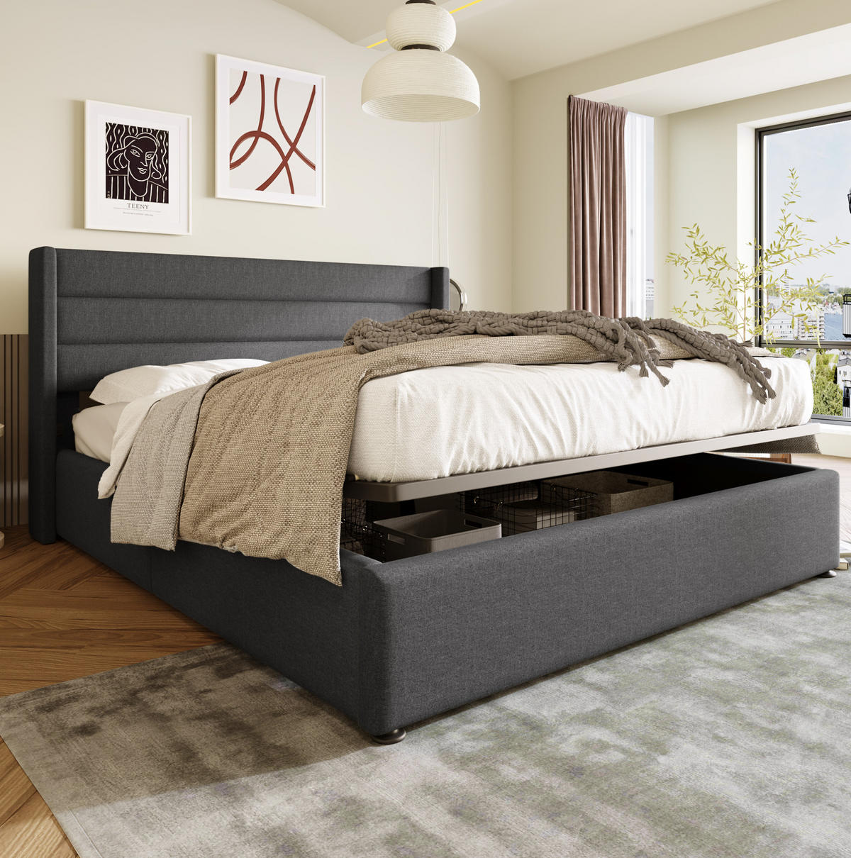 BETT mit Bettkasten 140x200 cm Leinen Grey - Grau, Metall (140/200cm) - Meubliv