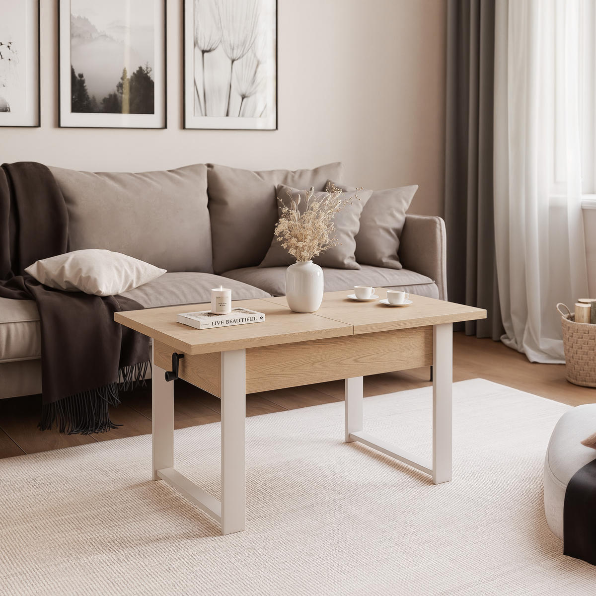 COUCHTISCH TIVOR Multifunktionalität 3-in-1 - Kaschmir/Eichefarben, Holzwerkstoff/Metall (67/120/63.5cm) - Idohome