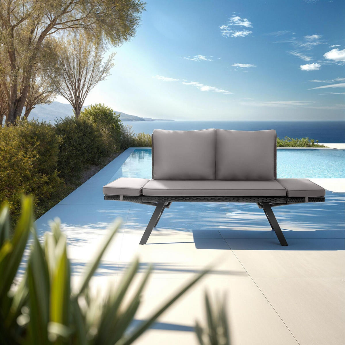 RATTAN-LOUNGESOFA Sintra,157 x 61 x 89 cm,hellgrau/schwarz - Hellgrau/Schwarz, Kunststoff/Textil (157/89/61cm) - tectake