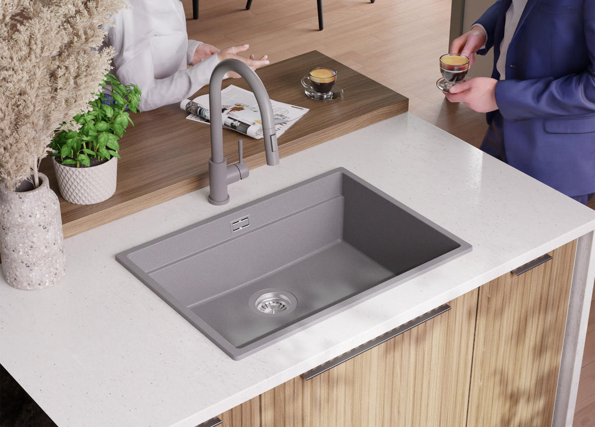 SPÜLBECKEN Praga Slim, 2-er set Grau 66/47 cm 1 Becken + Ablauf-Set + Aufrollbare Abtropffläche ab 70er Unterschrank - Chromfarben/Grau, Kunststoff (66/20/47cm) - Primagran