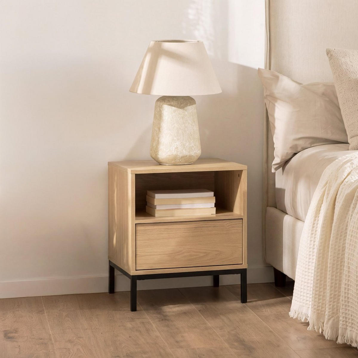 NACHTTISCH MIT 1 SCHUBLADE Remi Natürlich 45 cm x 55 cm - Naturfarben, Holzwerkstoff (45/55/40cm) - Klast Home