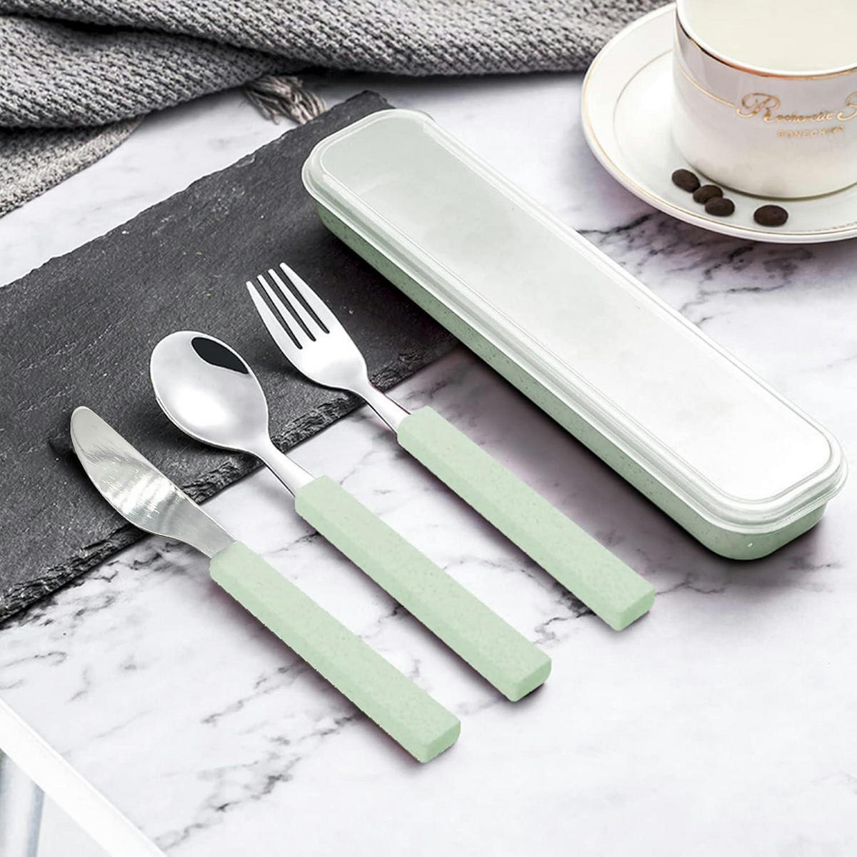 KINDERBESTECK Set 3-teilig Edelstahl mit Reisekoffer Grün - Grün, Metall