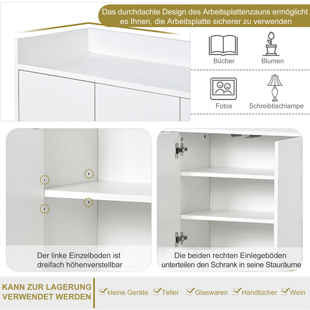 SIDEBOARD 120/30/80 cm in Weiß, grifflos mit 4 Türen & Metallrahmen - Weiß, Holzwerkstoff (120/80/30cm) - BEAOK