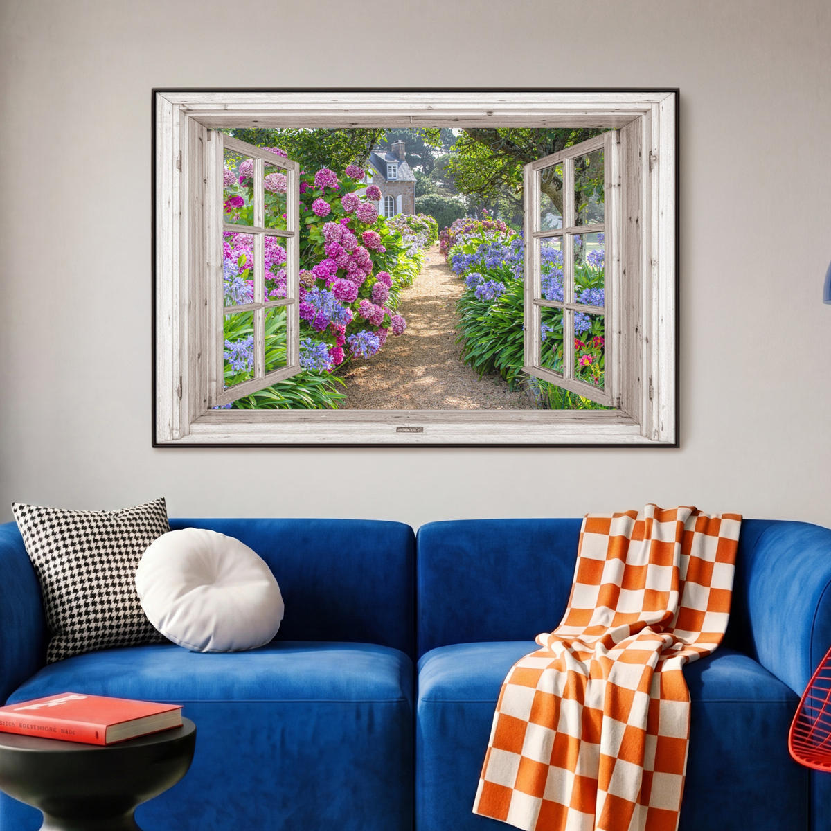 LEINWAND Bilder mit Rahmen - Hortensie - Durchsichtig - Blumen - Sommer - Lila - Weg - 90x60 - Lila, Textil (90/60cm) - MuchoWow