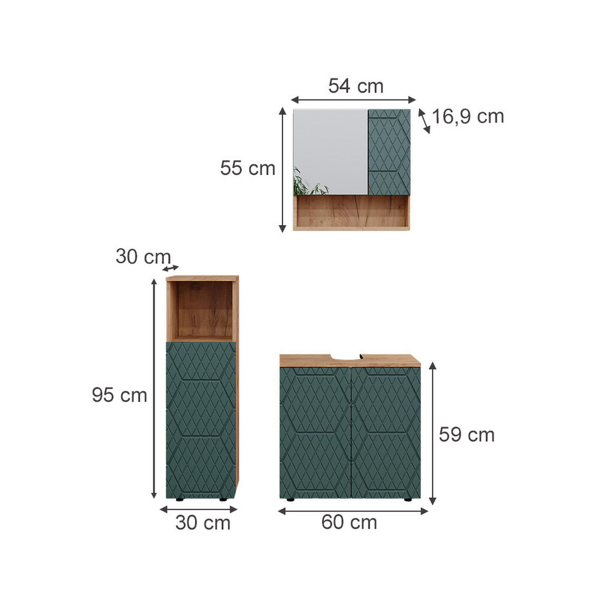 BADMÖBEL-SET Irma Grün 3 Teile - Eiche Wotan/Grün, Holzwerkstoff (80/58.6/41cm) - Vicco
