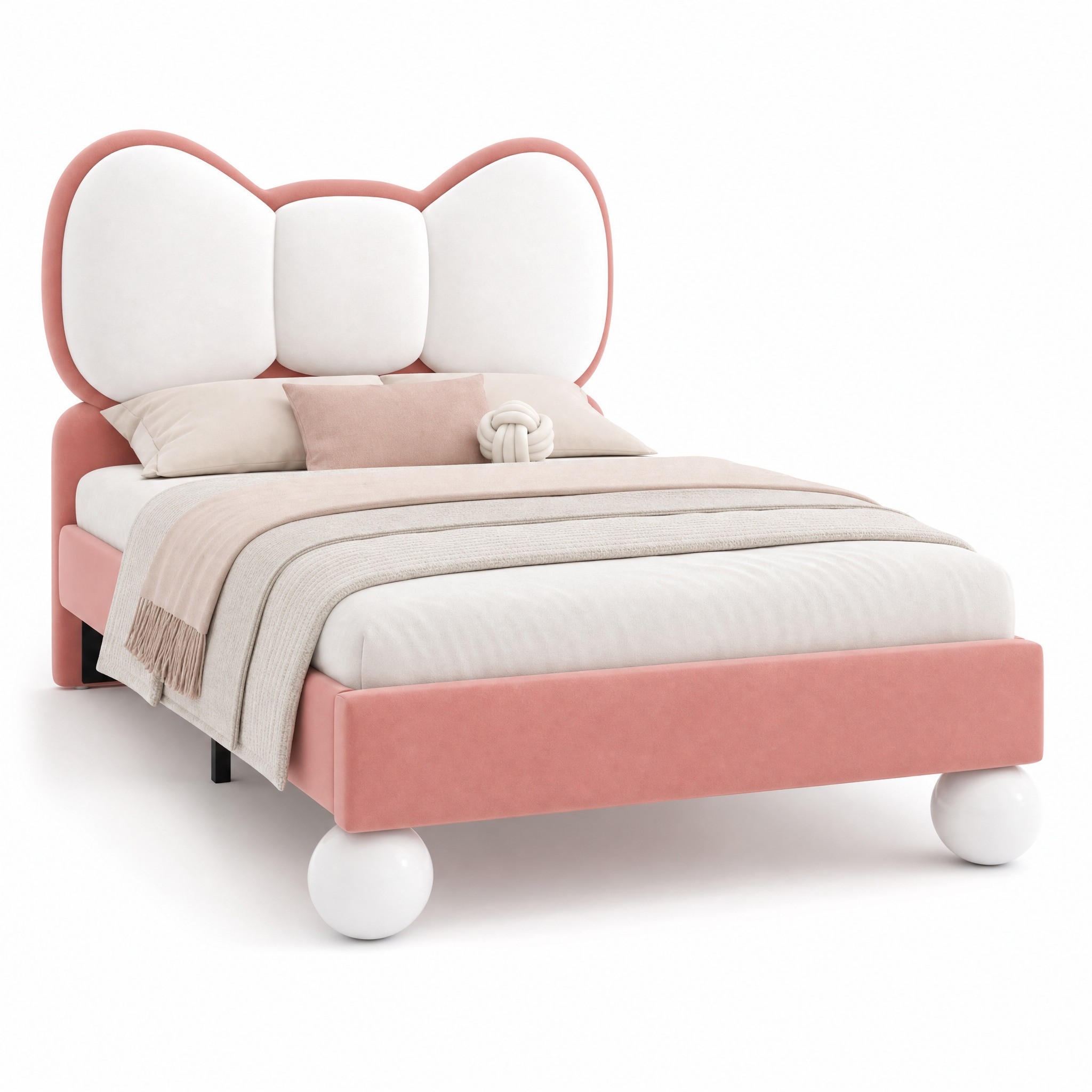 KINDERBETT 90 × 200 mit LED-Lichtleiste und Fliege-Kopfteil in Beige & Rosa - Beige/Rosa, Holzwerkstoff/Textil (90/200cm) - EVRYAE