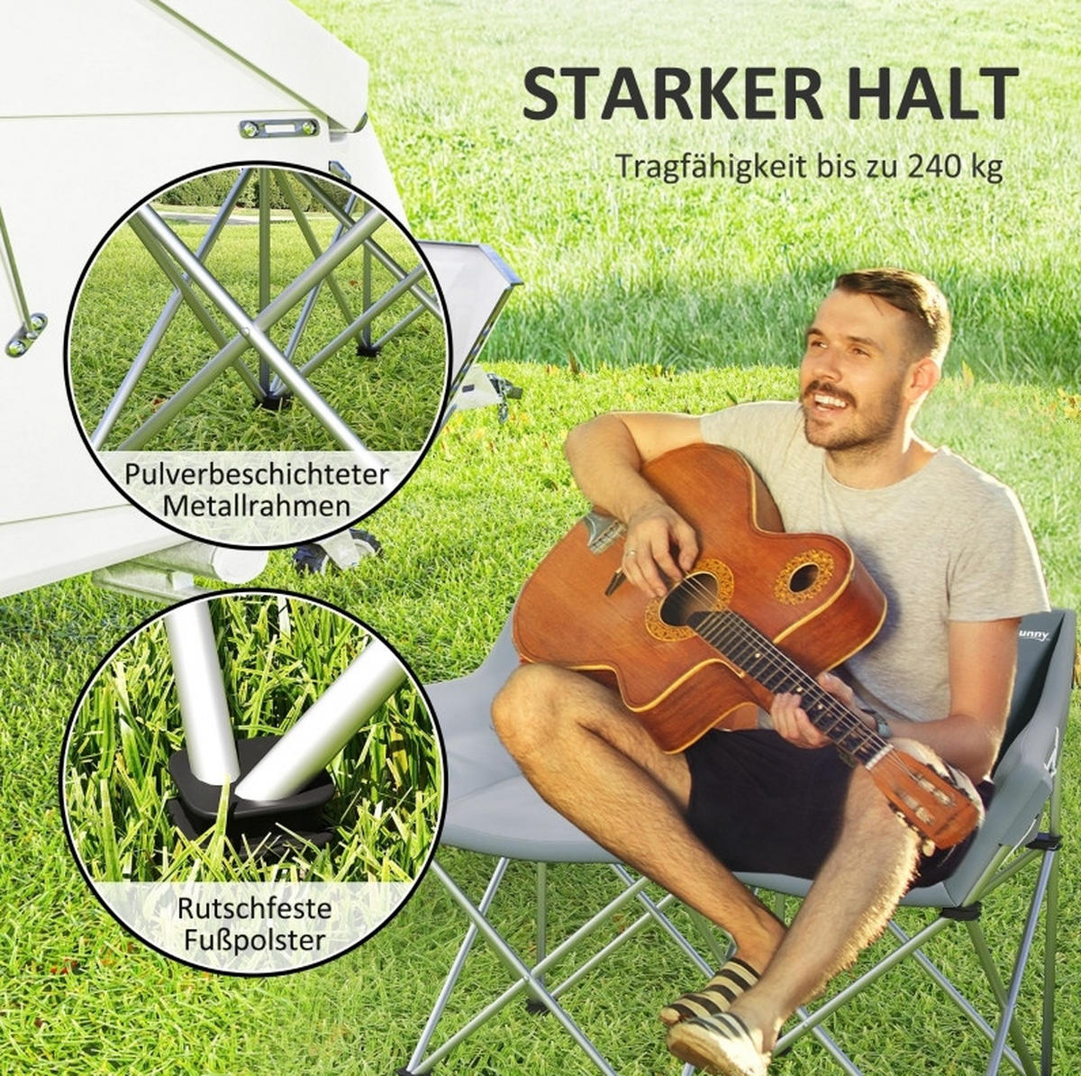 CAMPINGSTUHL 120/57/95 cm klappbar mit Seitentaschen und Metallgestell, Grau - Grau, Metall (120/95/57cm) - Redom