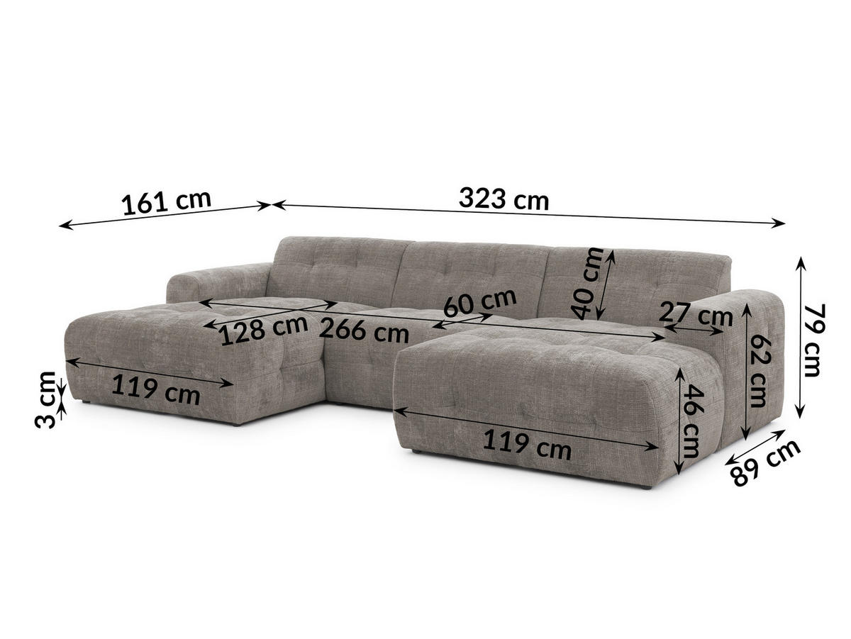 WOHNLANDSCHAFT Kozy im Bumpy-Design mit fester Rückenlehne aus weichem Taupe Chenille-Stoff - Taupe/Schwarz, Holz/Kunststoff (323/79/161cm) - S-Style Möbel