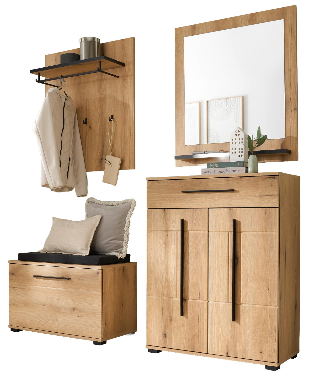 GARDEROBEN-SET Evoke Eiche 5-teilig 170 cm, Flurgarderobe mit Soft-Close - Eichefarben/Dunkelgrau, Glas/Holzwerkstoff (170/200/40cm) - Furn.Design