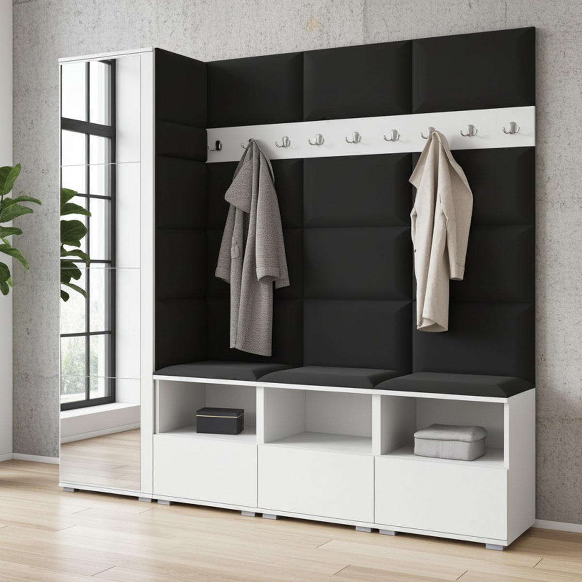 GARDEROBE NELA IX 200 cm (Modulare Flurmöbel Weiß mit Spiegel & Sitzpolster Schwarz 16 Breite Sitzbank) - Silberfarben/Schwarz, Holz/Holzwerkstoff (200/187/40cm) - Ravio