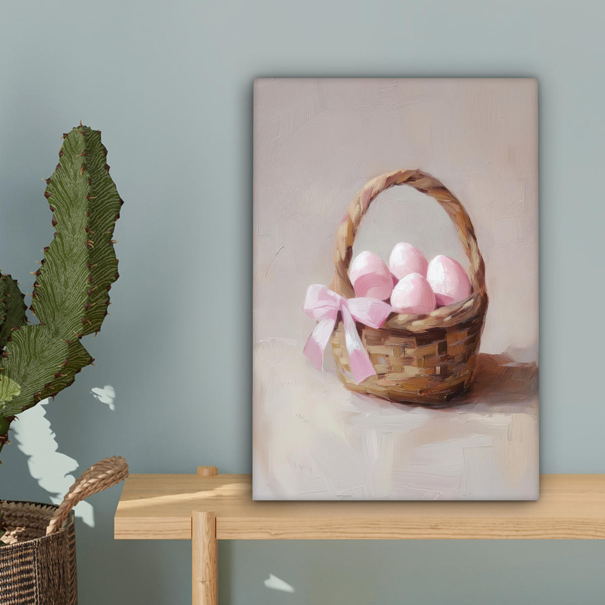 LEINWANDBILD Korb - Eier - Rosa Deko Wohnzimmer 20x30 cm - Beige, Textil (20/30cm) - MuchoWow