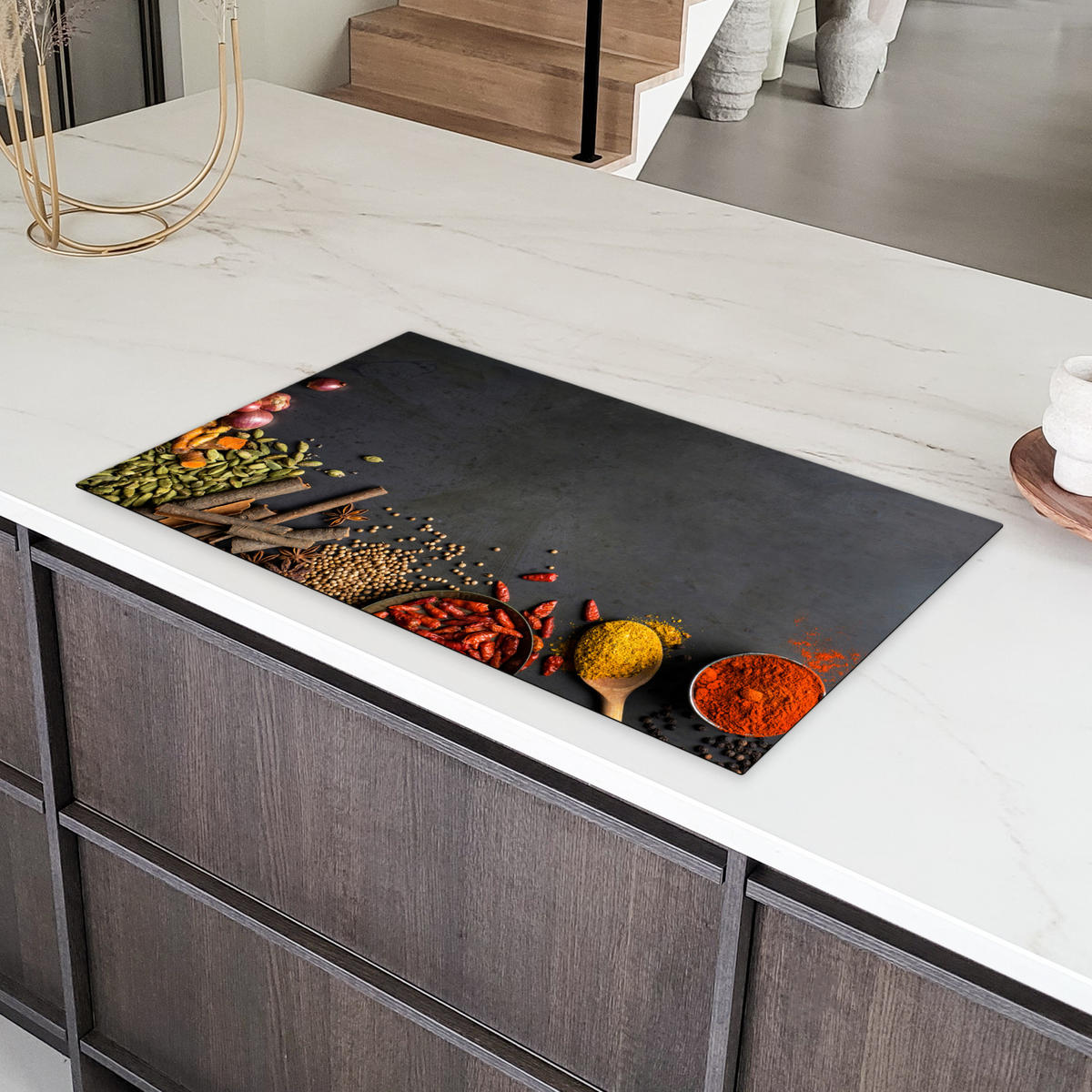 HERDABDECKPLATTE Kräuter - Lebensmittel - Gewürze - Schwarz - Paprika - Zimt Induktionsschutz 91.6x52.7 cm - Currygelb, Kunststoff (91.6/52.7/0.2cm) - MuchoWow