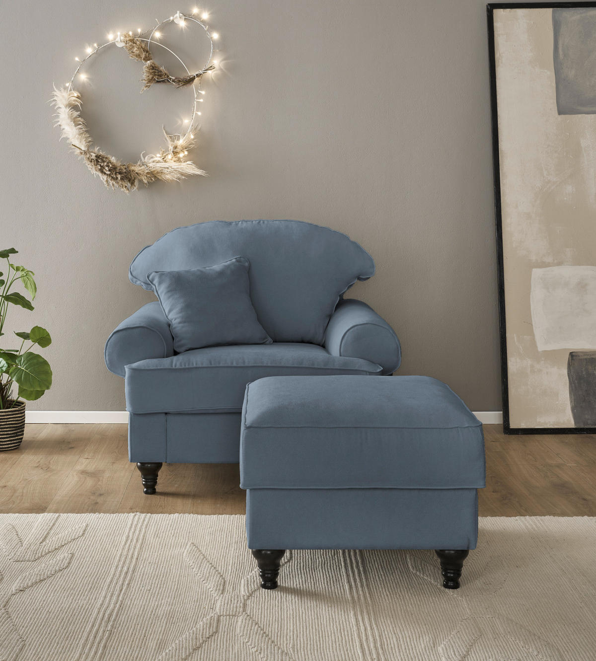 SESSEL-SET blau Landhaus, Loungesessel inklusive Hocker - Blau/Braun, Holz/Textil (175/95/110cm) - Furn.Design