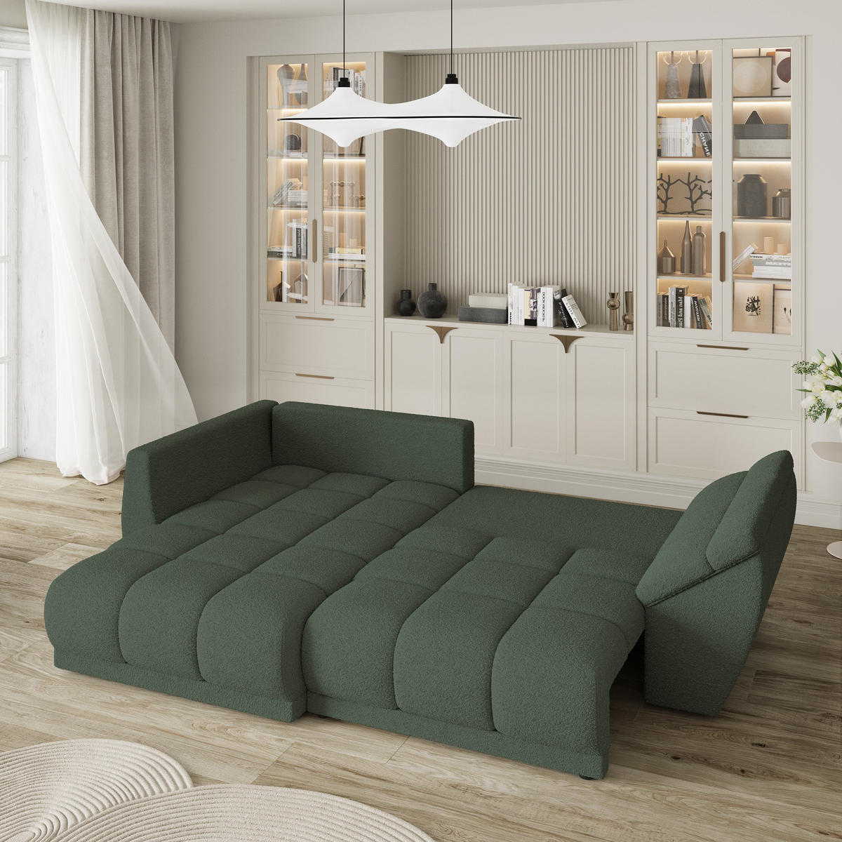 ECKSOFA ORENTI L-S Grün Boucle-Stoff mit Schlaffunktion - Grün, Holz (287/182cm) - MASSENO
