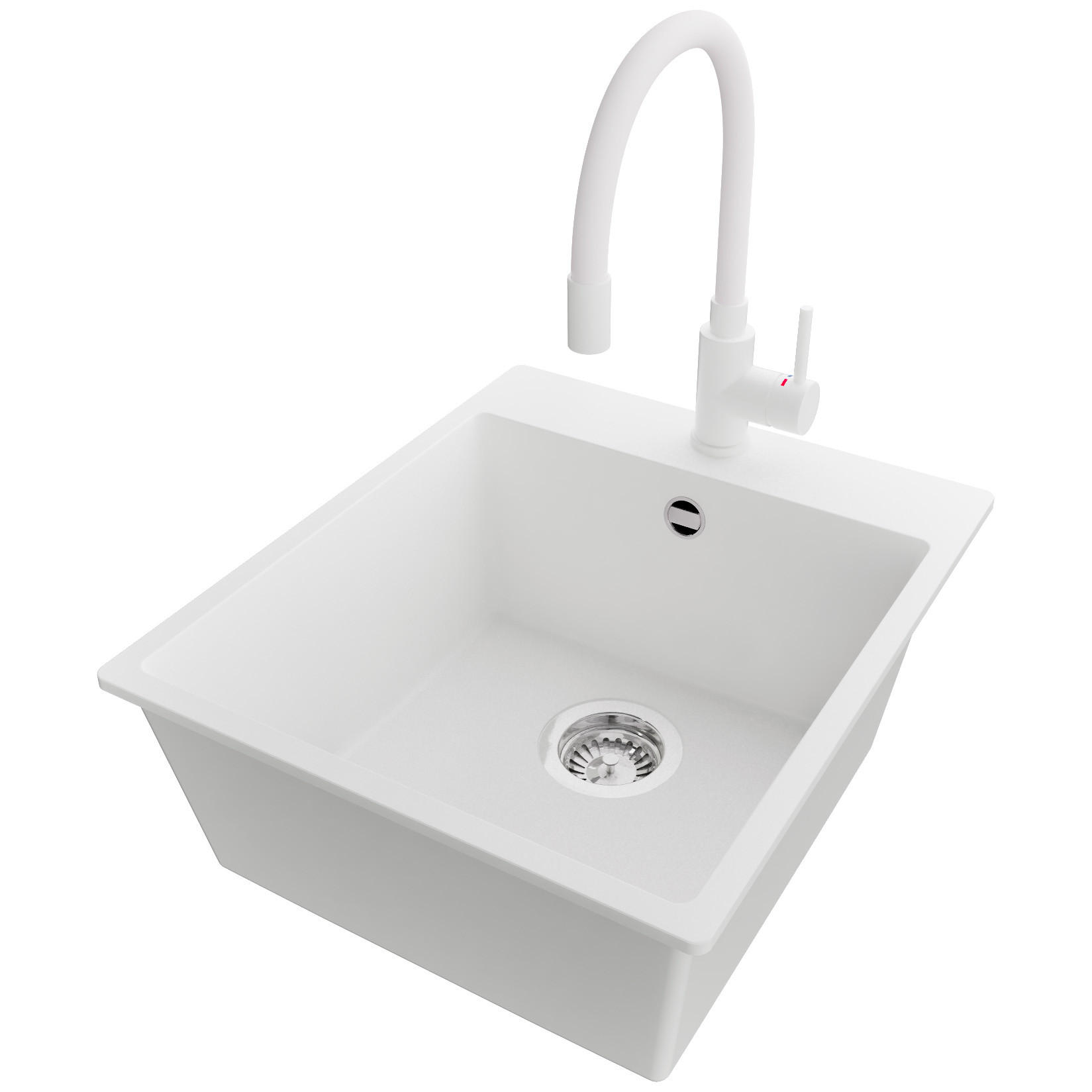 GRANITSPÜLE Riga, 2-er set Weiß 43/50 cm 1 Becken + Küchenarmatur 38/14 cm + Ablauf-Set ab 45er Unterschrank - Chromfarben/Weiß, Kunststoff (43/20/50cm) - Primagran