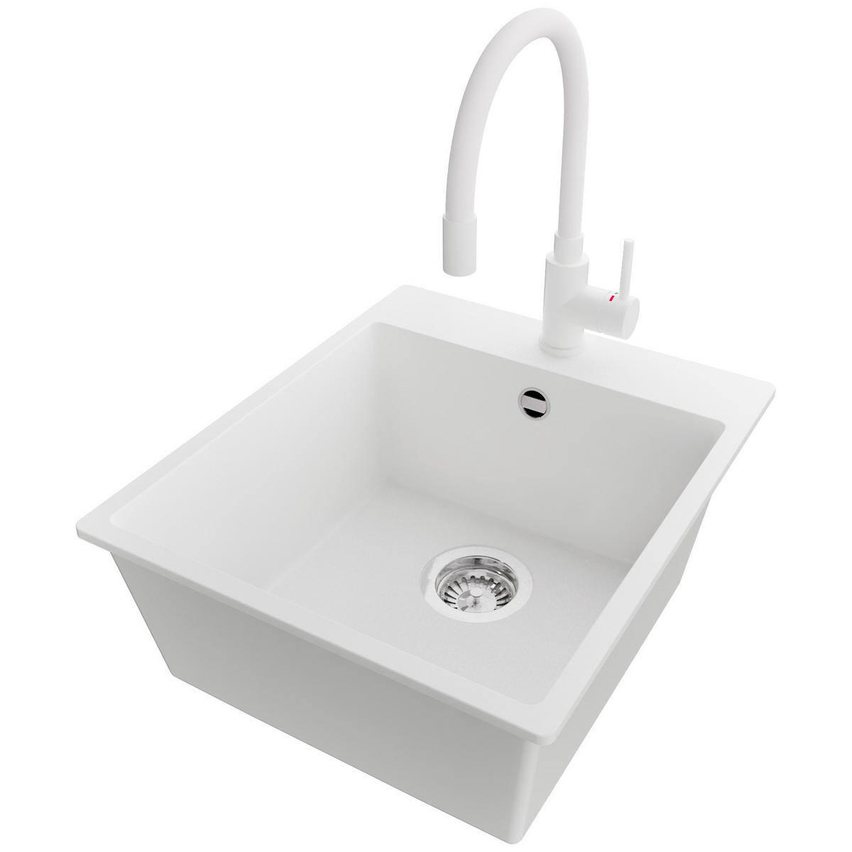 GRANITSPÜLE Riga, 2-er set Weiß 43/50 cm 1 Becken + Küchenarmatur 38/14 cm + Ablauf-Set ab 45er Unterschrank - Chromfarben/Weiß, Kunststoff (43/20/50cm) - Primagran