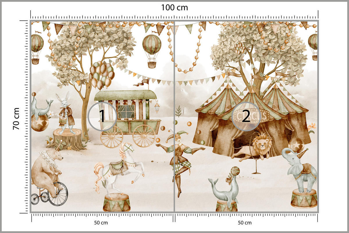 FOTOTAPETE für Kinderzimmer Zirkus Zelt Tiere Ballons Aquarell Bäume 100x70 - Ecru/Beige, Papier (100/70cm) - Muralo