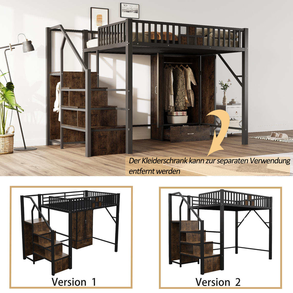 HOCHBETT 140/200 cm Schwarz mit großem Kleiderschrank und Schubladen - Schwarz, Metall (140/200cm) - OKWISH