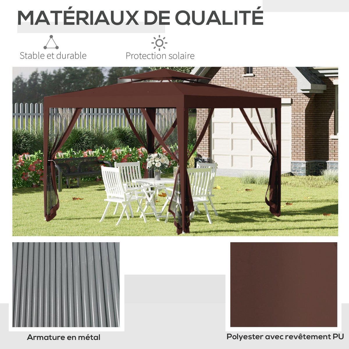 PAVILLON DE-12592 3x3 m mit Doppeldach und Moskitonetzen Braun - Braun, Textil (297/268/297cm) - ComfortXL