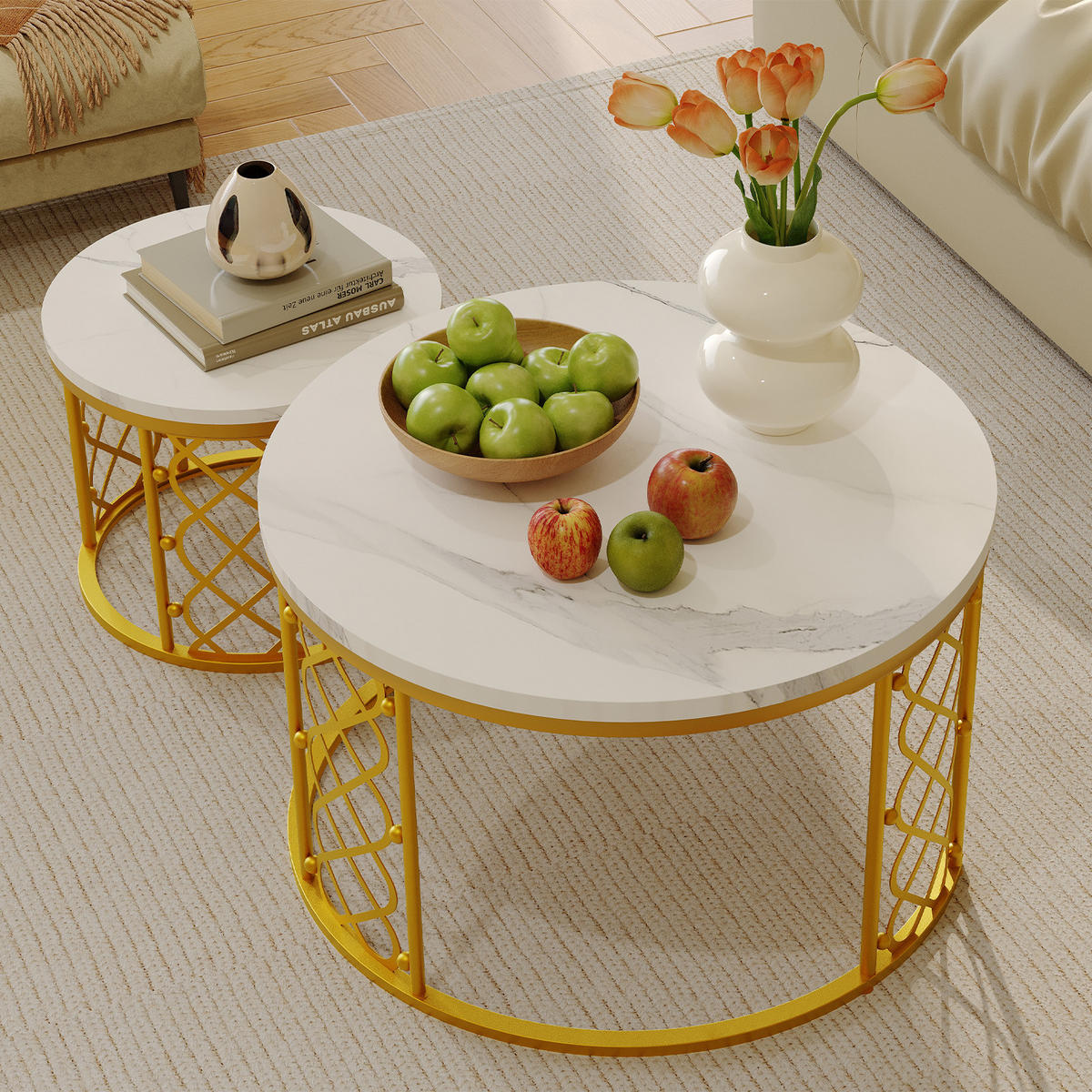 COUCHTISCH 2-teiliges Set 70/70/45 cm und 45/45/37 cm Weiß und Gold Stapelbar mit Stahlrahmen - Goldfarben/Weiß, Holzwerkstoff (70/70/45cm) - OKWISH