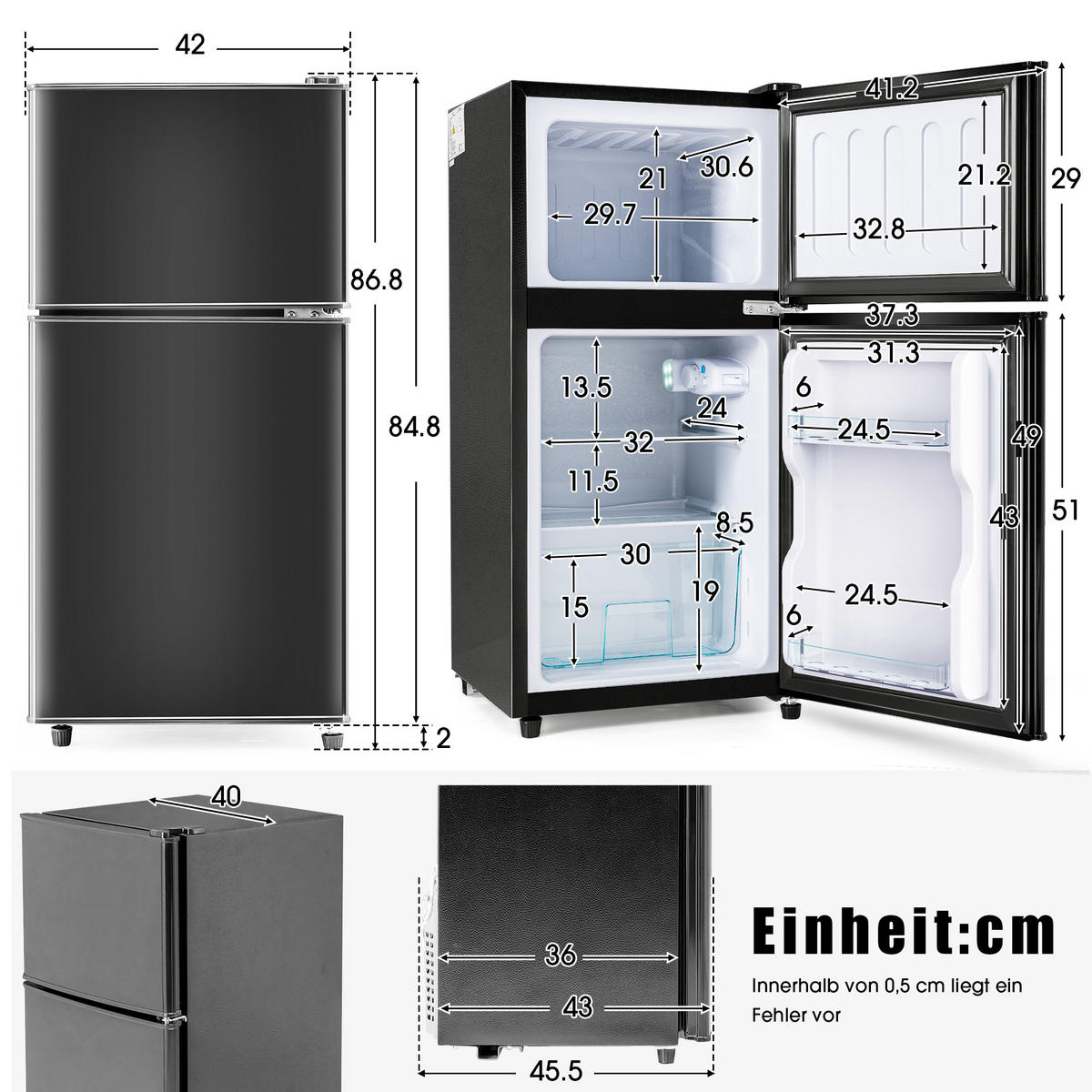 KÜHLSCHRANK 86,8cm Schwarz Doppeltür LED 60L modern - Schwarz, Kunststoff (45.5/42.5/86.8cm) - FLIEKS