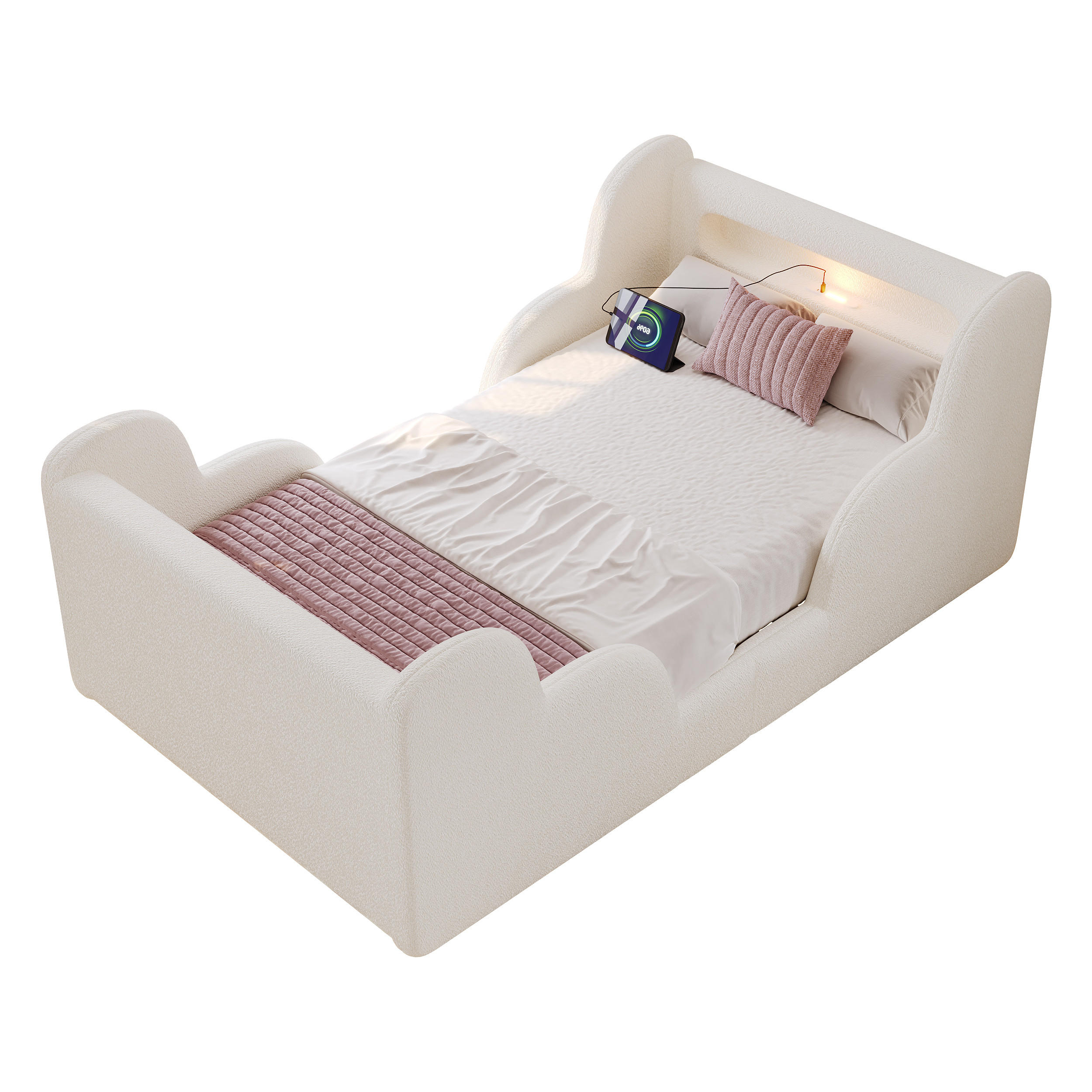KINDERBETT Beige Bouclé 90x200 Schutzgeländer Massivholz - Beige, Leder (90/200cm) - FLIEKS