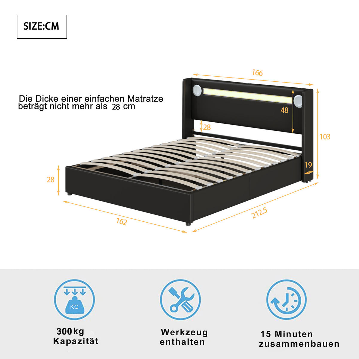 POLSTERBETT 160/200 cm schwarz mit LED-Beleuchtung und Bluetooth-Player - Schwarz, Kunststoff (160/200cm) - OKWISH