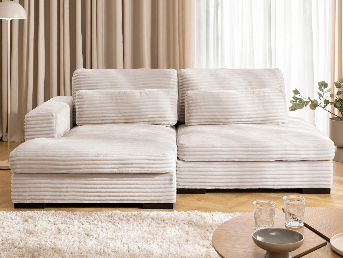 ECKSOFA Wolke mit tiefer Sitzfläche, Schlaffunktion und praktischem Bettkasten aus weichem Hellbeige Cordstoff - Beige/Schwarz, Holz/Kunststoff (162/225cm) - S-Style