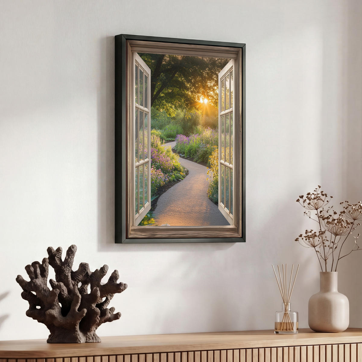 LEINWAND Bilder mit Rahmen - Aussicht - Blumen - Natur - Sonne - Weg - 30x40 - Hellgelb, Textil (30/40cm) - MuchoWow