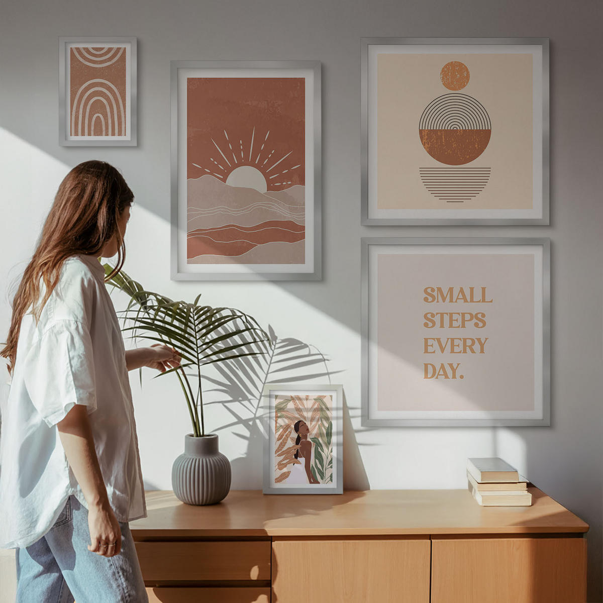 WANDBILDER 5er Set - 50x50 cm & 20x30 cm & 40x60 cm Silberner Rahmen - Ein entspannter Buddha am Strand - Silberfarben, Kunststoff (40/60cm) - ArtPrintCave