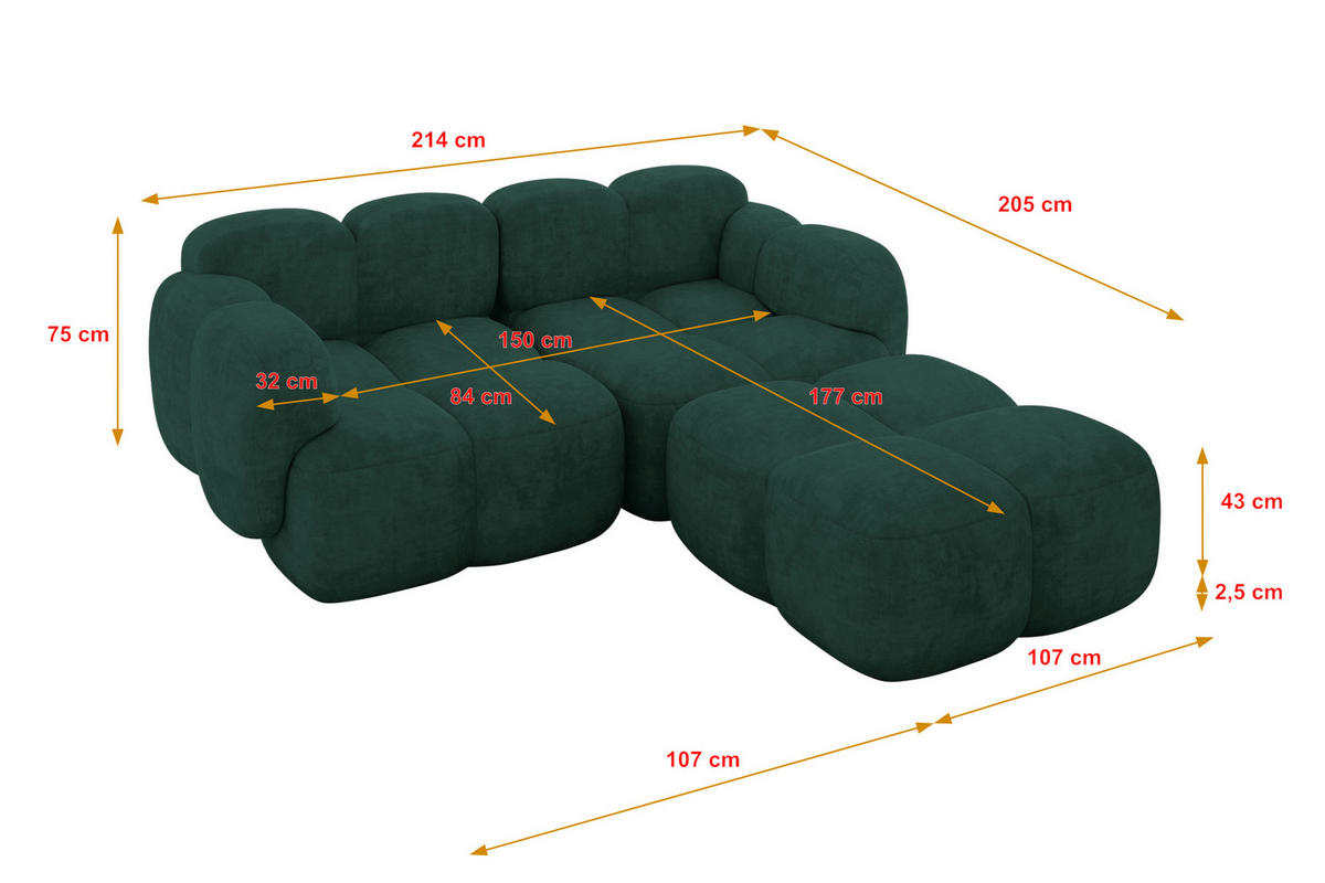 ECKSOFA modulares Sofa Rechts Miko-L1 214x205x75 Grün Velours - Schwarz/Grün, Holzwerkstoff/Kunststoff (214/205cm) - ALTDECOR