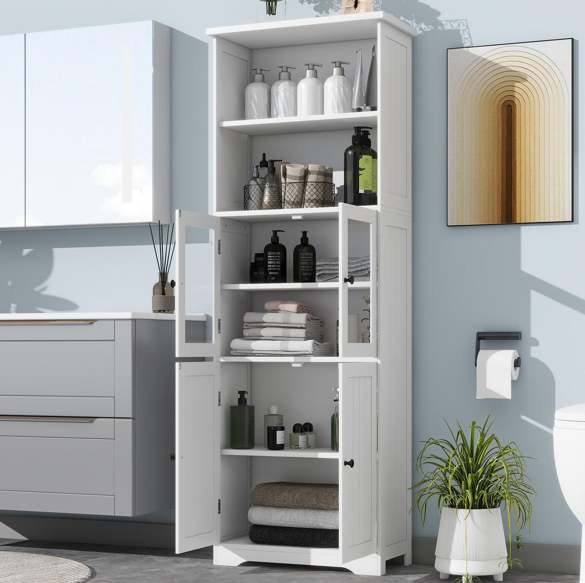 BADEZIMMER-HOCHSCHRANK 57.4x28.5x160cm in Weiß, feuchtigkeitsbeständig mit 4 Türen - Weiß, Holzwerkstoff (57.4/160/28.5cm) - Modfu