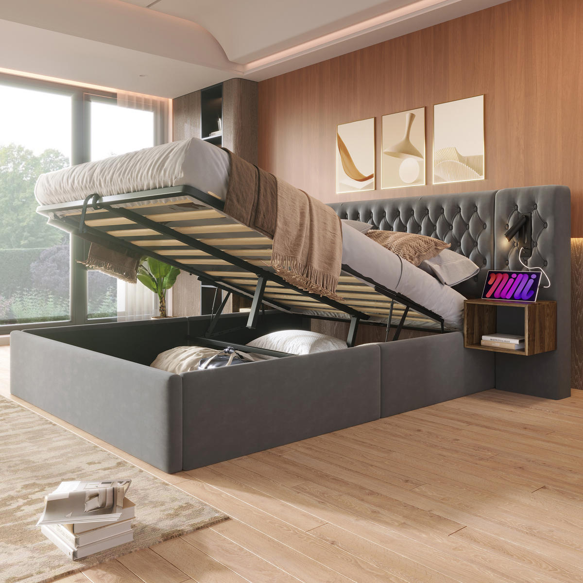 POLSTERBETT 160/200 cm mit hydraulischem Bettkasten, LED-Leselicht & USB/Type-C, Grau Samt - Grau, Textil (160/200cm) - Redom