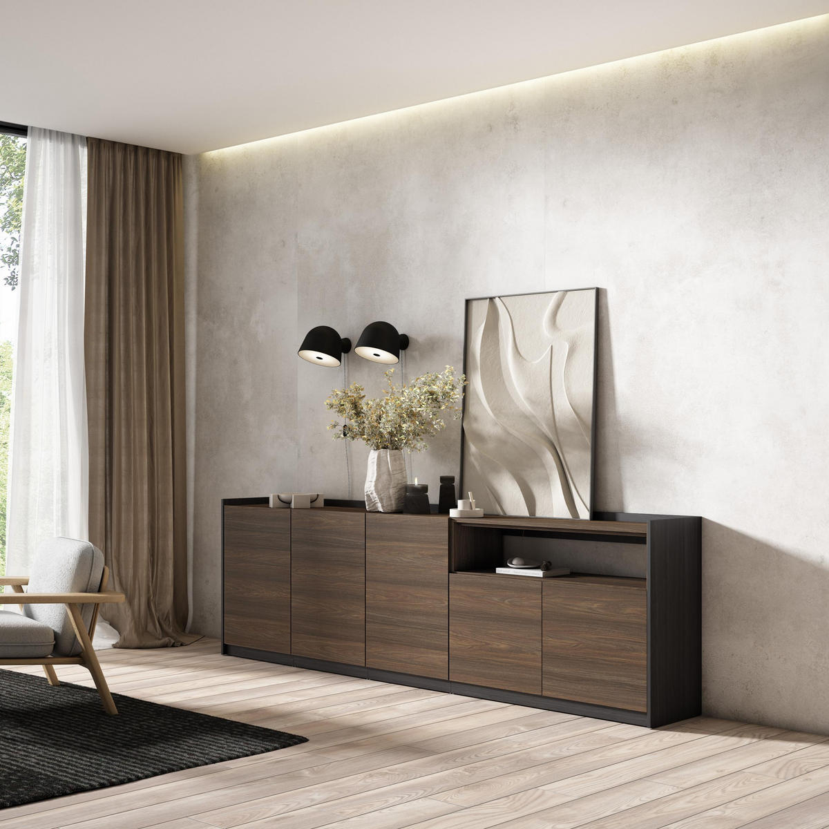 SIDEBOARD, Highboard, Dunkler Eiche und Schwarz, 260/37/80cm - Dunkelbraun, Holzwerkstoff (260/80/37cm) - Skraut Home