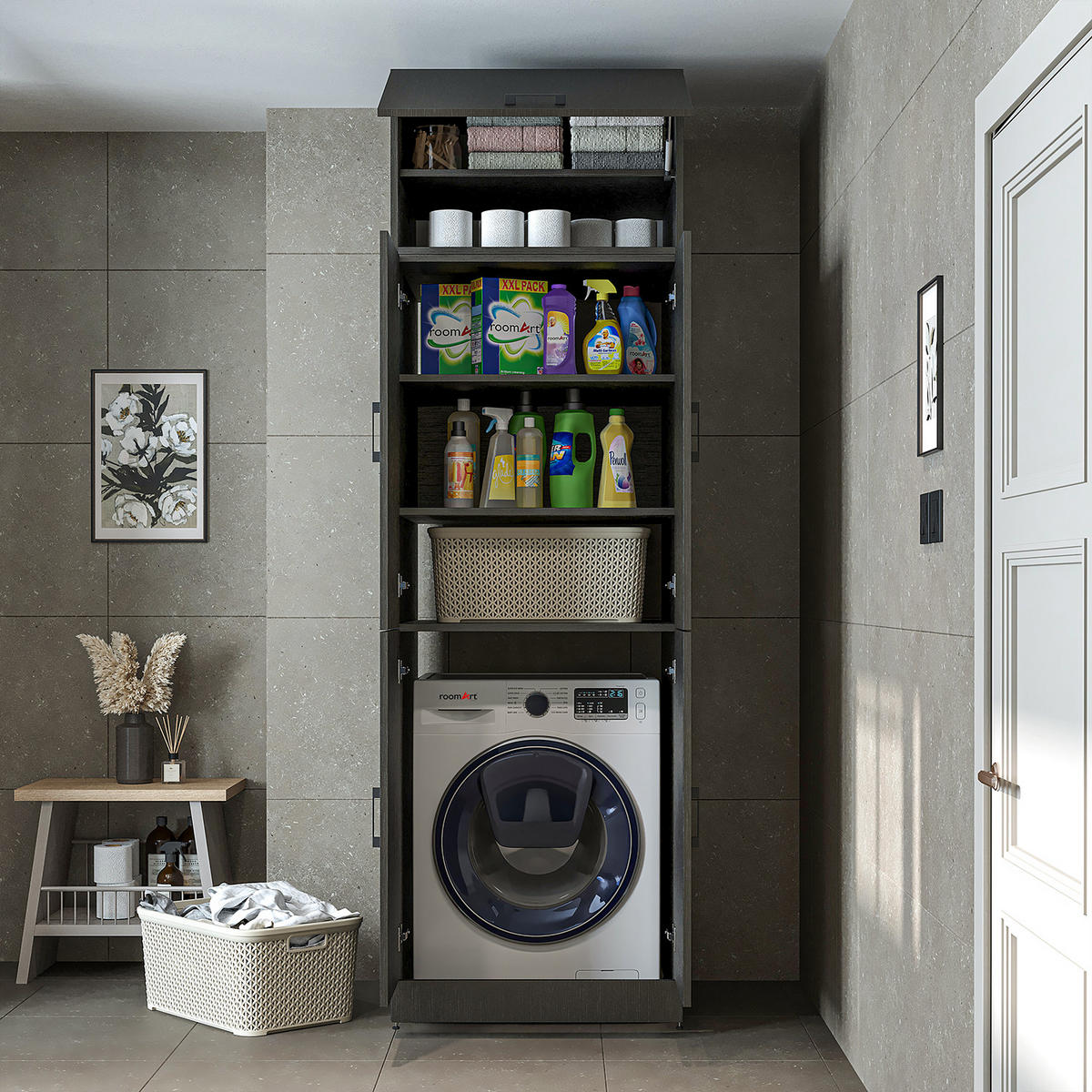 WASCHMASCHINENSCHRANK DORA-II 70cm Breit, 230cm Hoch - Schwarz, Holzwerkstoff (70/230/74cm)