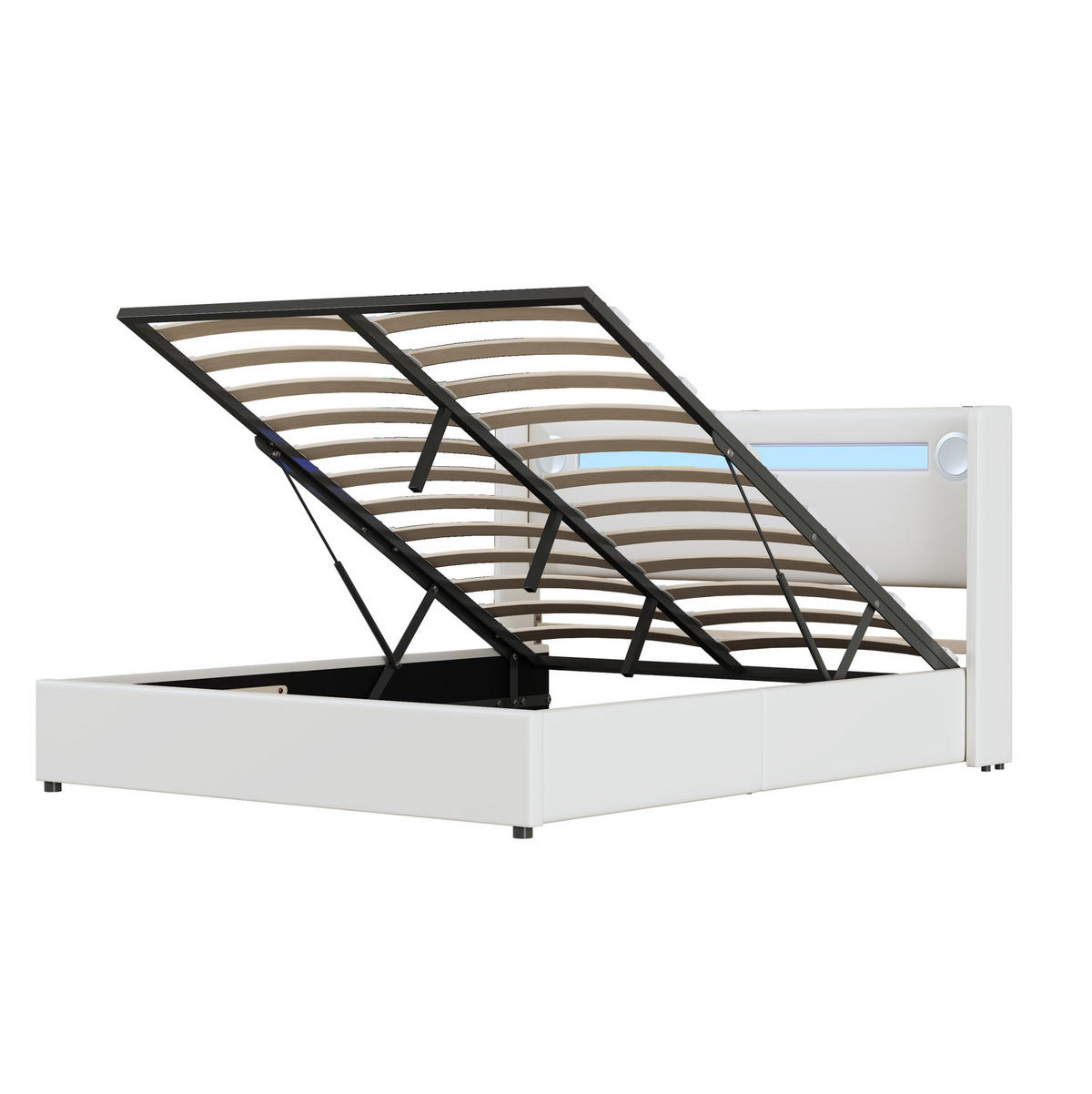 POLSTERBETT aus PU-Leder 160x200 cm Weiß mit LED, Bluetooth, USB und hydraulischem Bettkasten - Weiß, Kunststoff (160/200cm) - Modfu