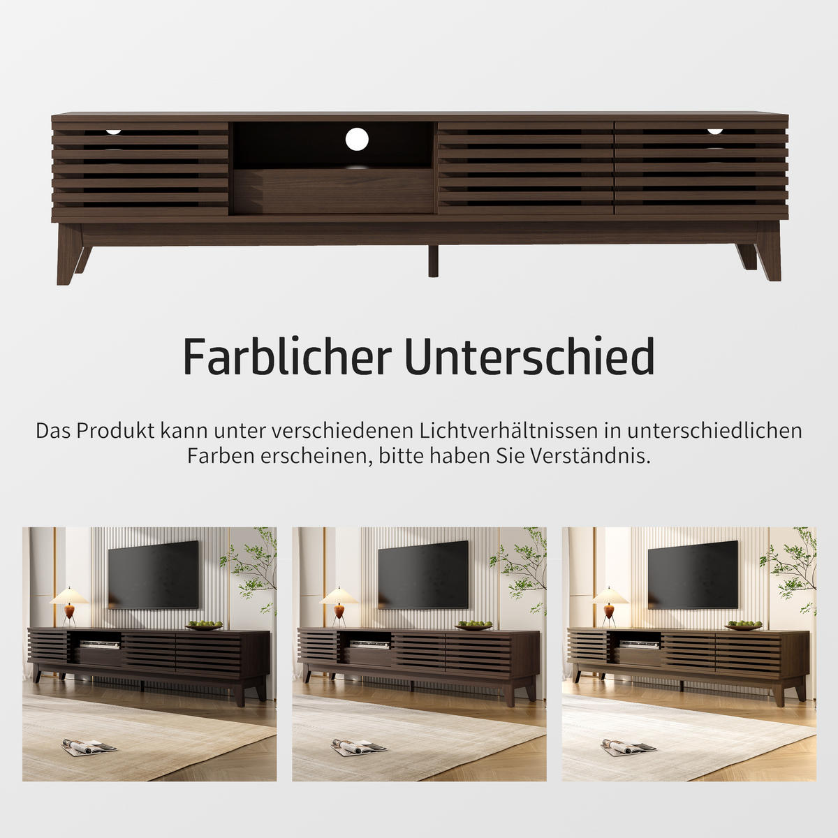 TV-LOWBOARD aus Holzwerkstoff 170x35x40 cm Natur mit 3 Türen, 1 Schublade und Kabeldurchführung im Vintage-Lamellendesign - Naturfarben, Holzwerkstoff (170/40/35cm) - Modfu