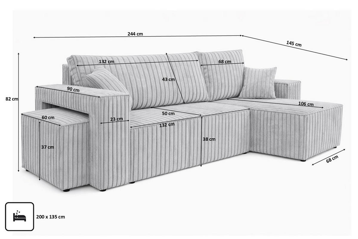 ECKSOFA Mit Schlaffunktion Und Pouf, Cordstoff Tilia, Grau, Rechts, Best L Mit Pouf - Grau, Holz (244/145cm) - Kaiser Möbel