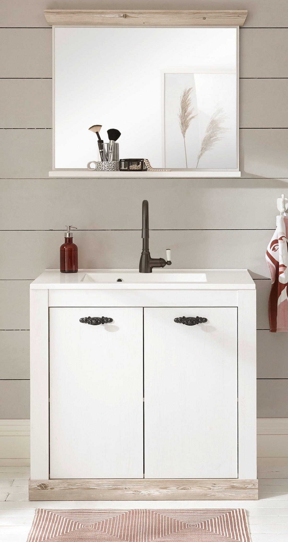 BADKOMBINATION Pinie weiß, Oslo Pinie, Landhaus Badmöbel Set 3-tlg. MIT Waschbecken 81 x 200 cm - Dunkelgrau/Weiß, Holzwerkstoff/Metall (81/200/46cm) - Furn.Design